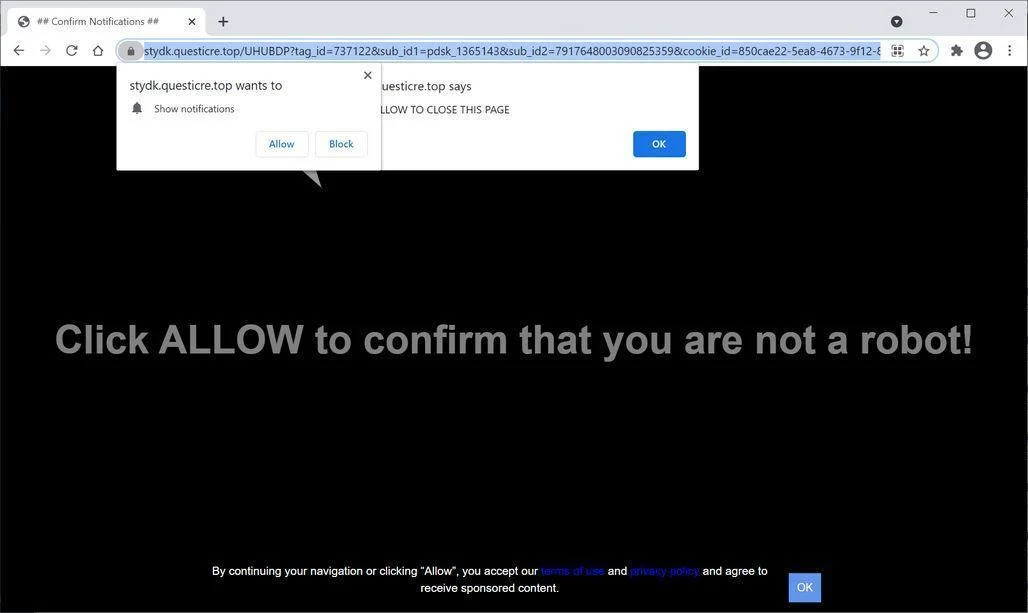 Image: Chrome browser is redirected to Questicre.top