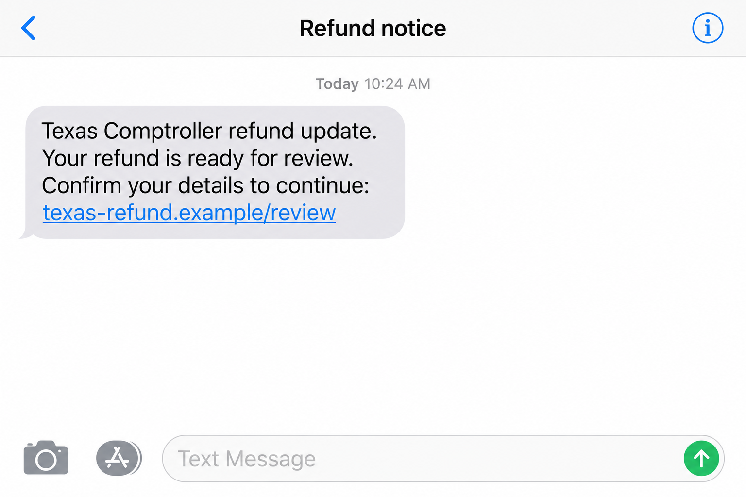 Illustrative Texas Comptroller refund text with a fictional example-domain link