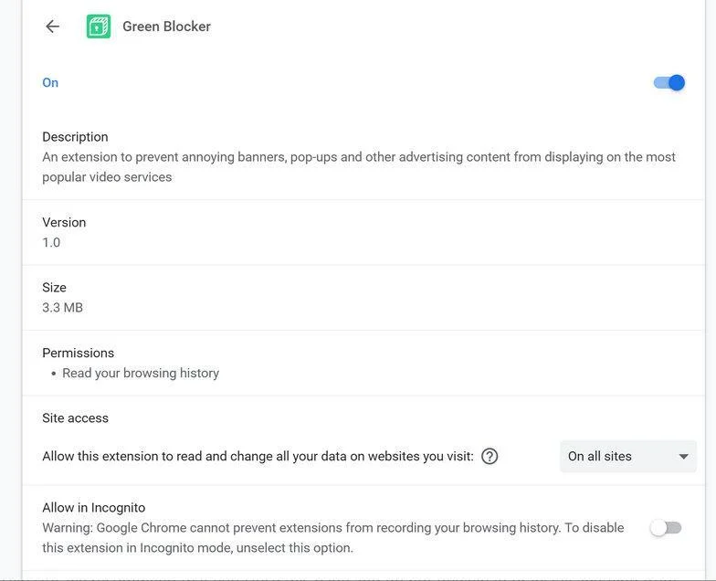 Image: Green Blocker  Chrome browser extension