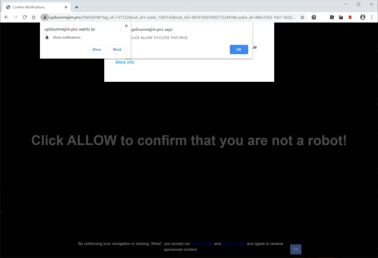 Image: Chrome browser is redirected to Upiloumnejim.pro