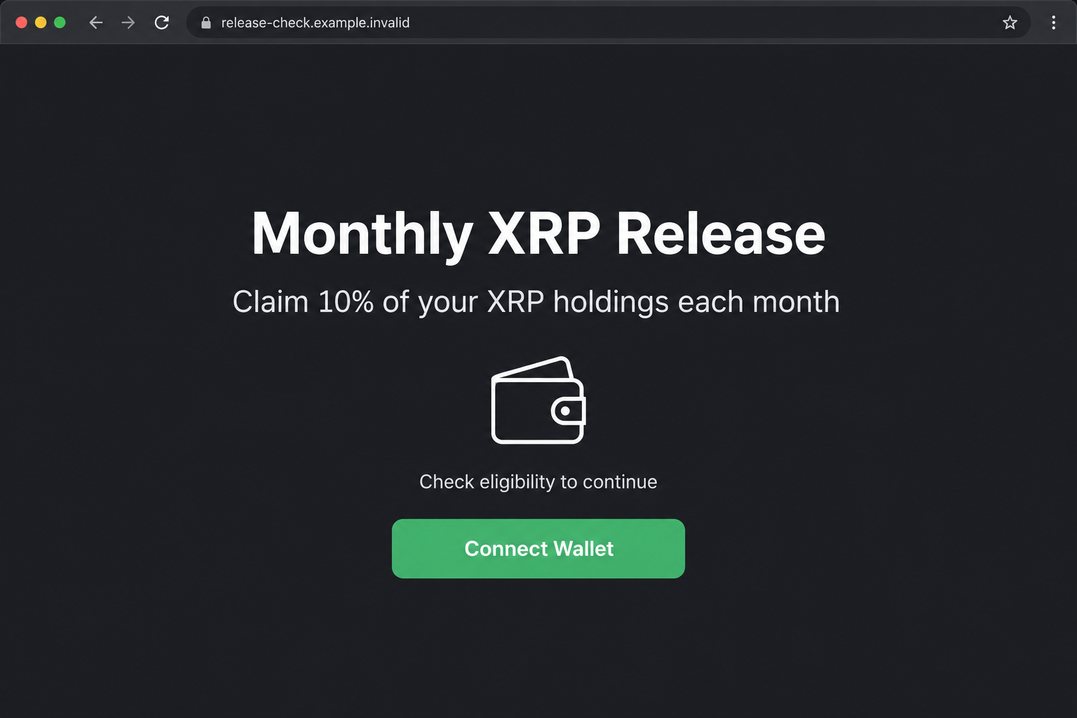 Xaman Monthly XRP Release Scam: Fake 10% Rewards and Wallet Theft Exposed 1 Illustrative fake Xaman monthly XRP release page advertising 10% rewards and a wallet connection button