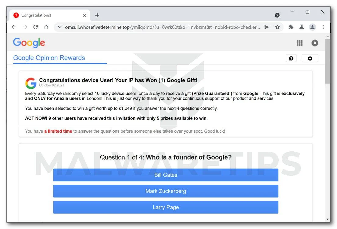 Remove "Your IP Has Won (1) Google Gift" Pop-up Scam 1 Image: Your IP has Won (1) Google Gift Scam
