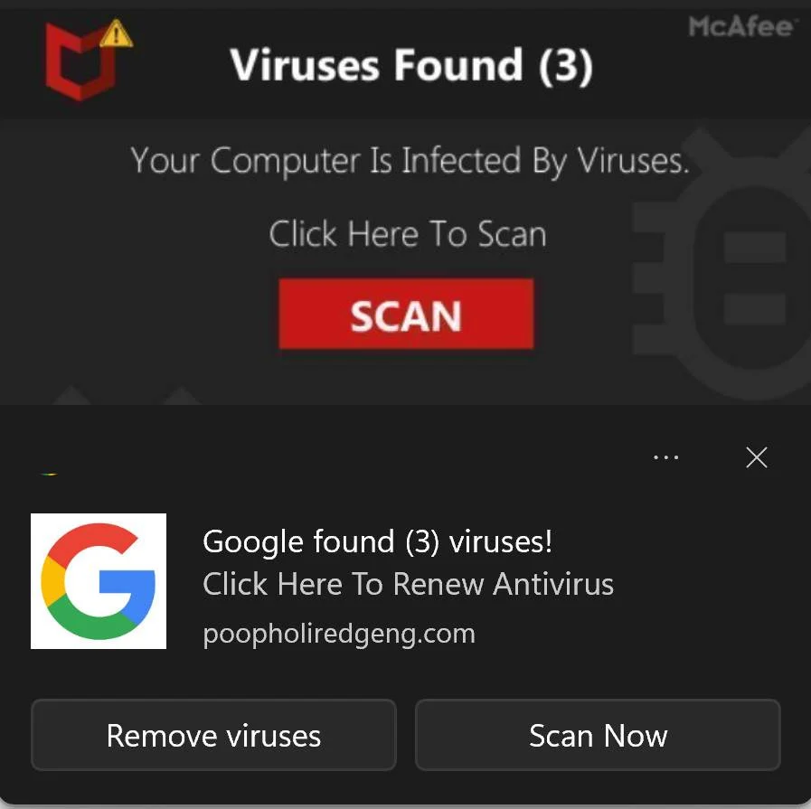 Image: Google Found (3) Viruses Pop-up Scam