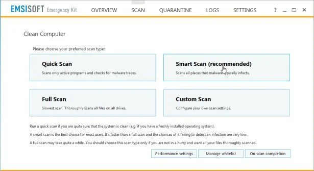 Perfom a Smart Scan with Emsisoft Emergency Kit Emsisoft Emergency Kit Smart Scan