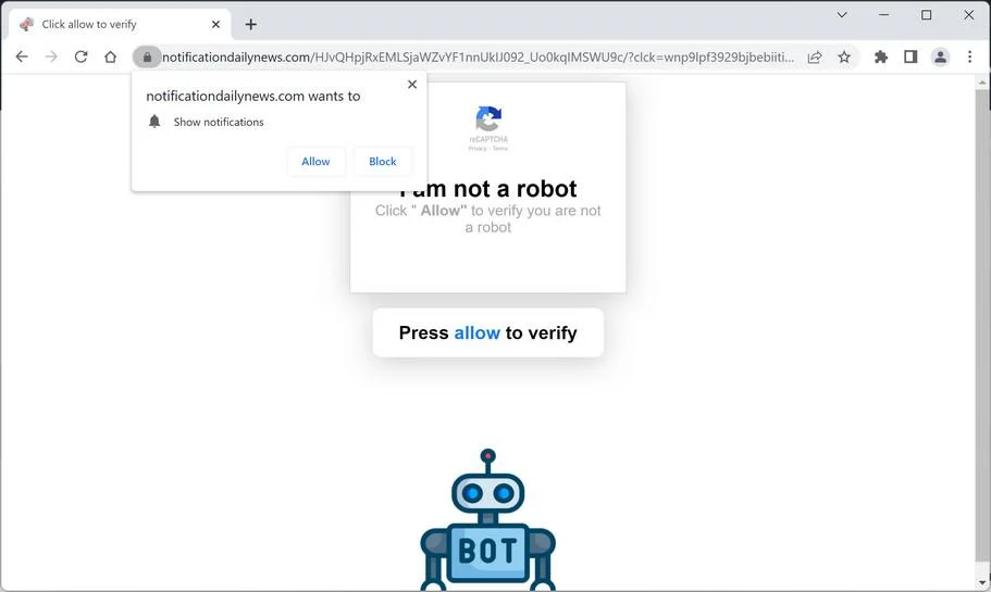 Image: Chrome browser is redirected to Notificationdailynews.com