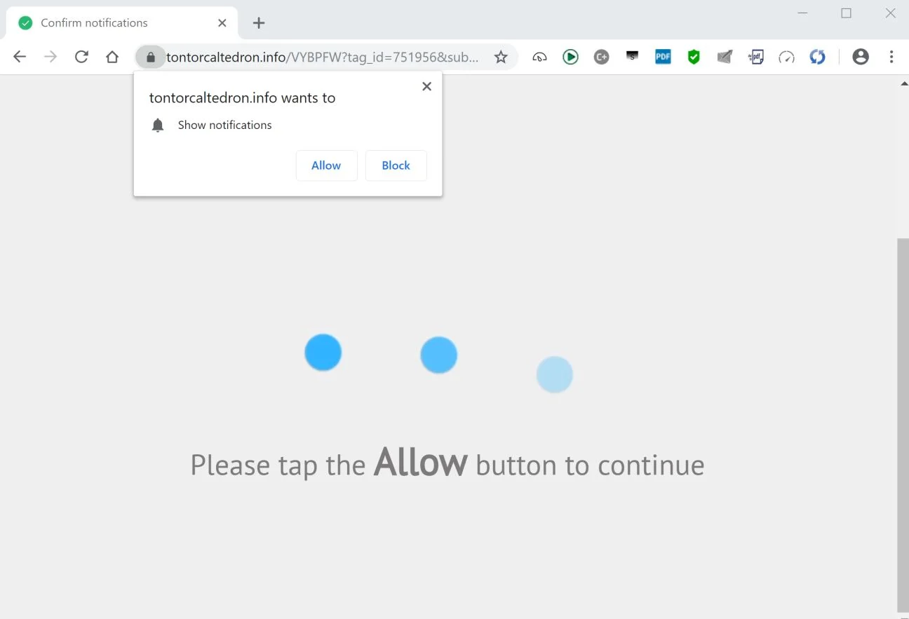 Image: Chrome browser is redirected to the Tontorcaltedron.info site