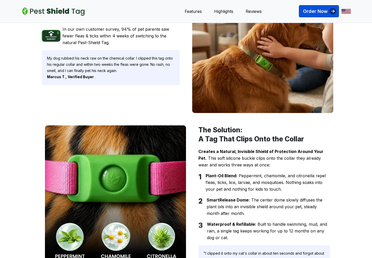 Pest-Shield Tag sales page promoting a plant-oil shield and a customer survey about fleas and ticks