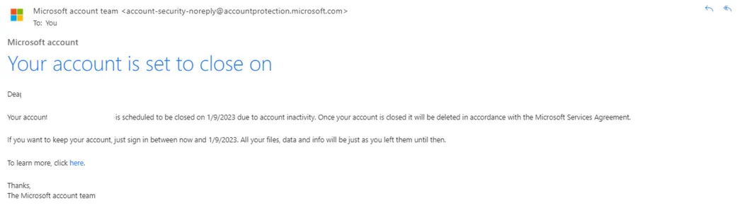 Your Account Is Set To Close Microsoft Email Scam