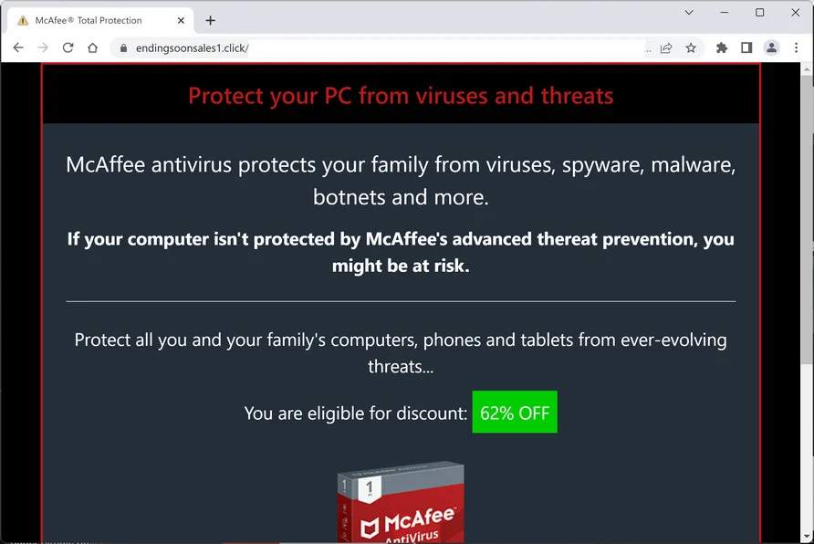 Image: Endingsoonsales1.click Fake McAfee Virus Alert