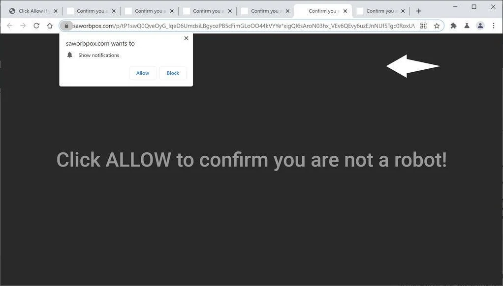Image: Chrome browser is redirected to Saworbpox.com