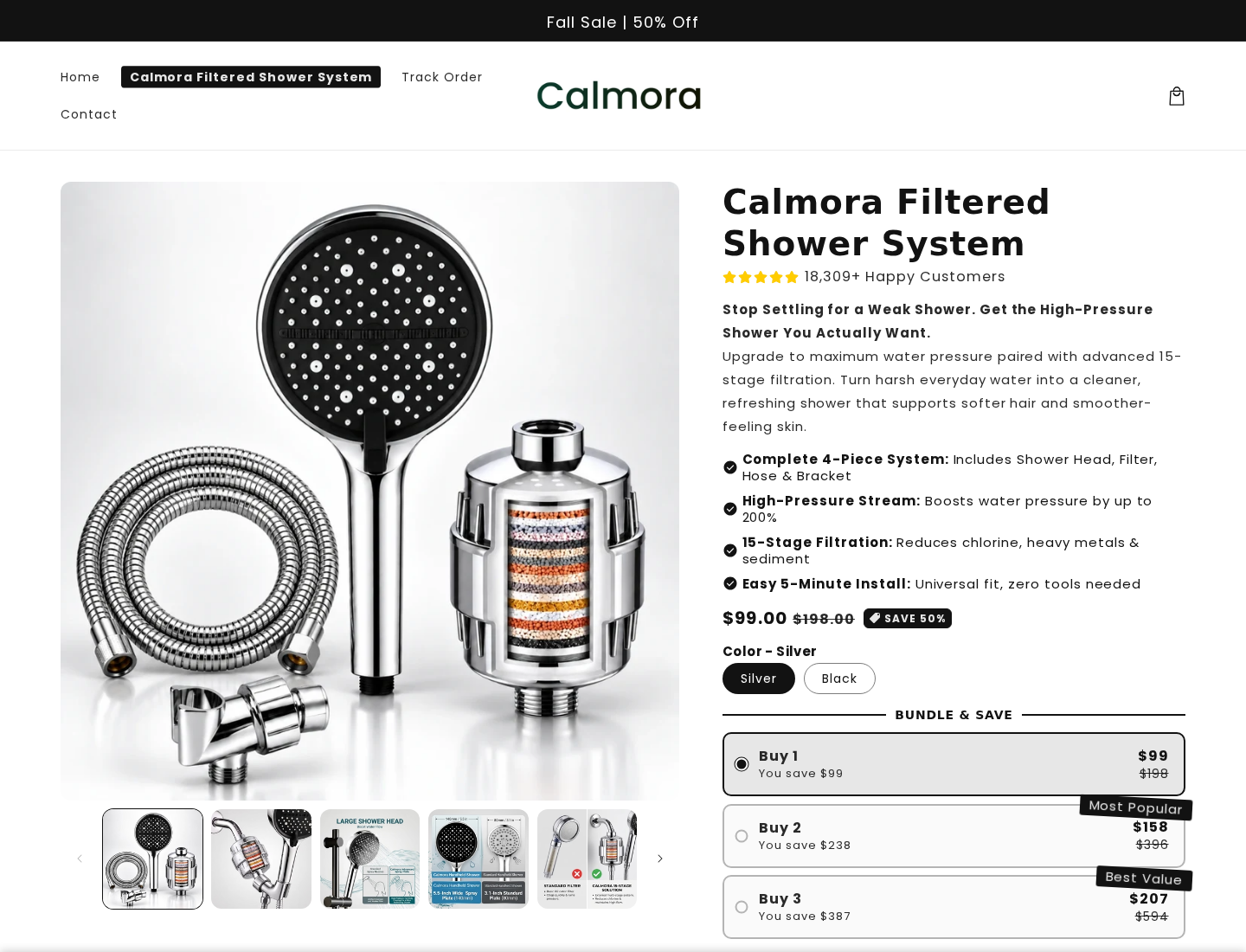 Calmora Shower System EXPOSED: Scam or Legit? Buyer Risk Investigation 1 Calmora Filtered Shower System offer showing filtration claims and bundle prices