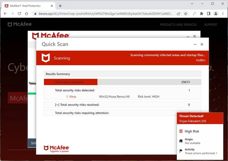 Screenshot of Birons.xyz Fake Antivirus Scan