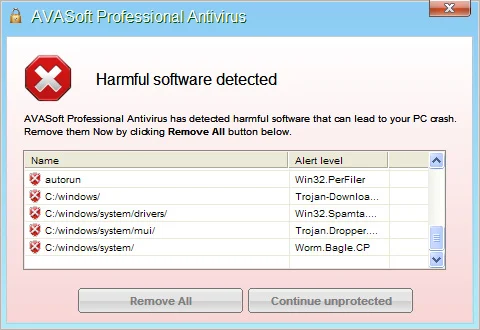 [Image: AVASoft Antivirus Professional Alert]