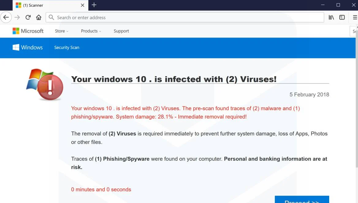 Your Windows 10 is infected with (2) Viruses Scam Adware