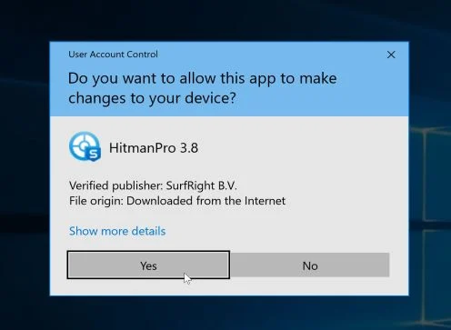Click Yes to install HitmanPro HitmanPro User Account Control Pop-up