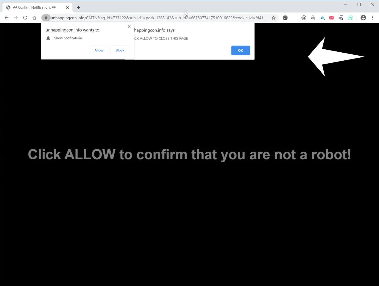 How to remove Unhappingcon.info pop-up ads (Virus Removal Guide) 1 Image: Chrome browser is redirected to Unhappingcon.info