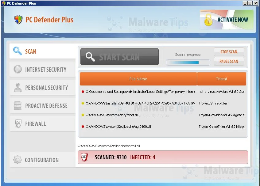 PC Defender Plus while scanning