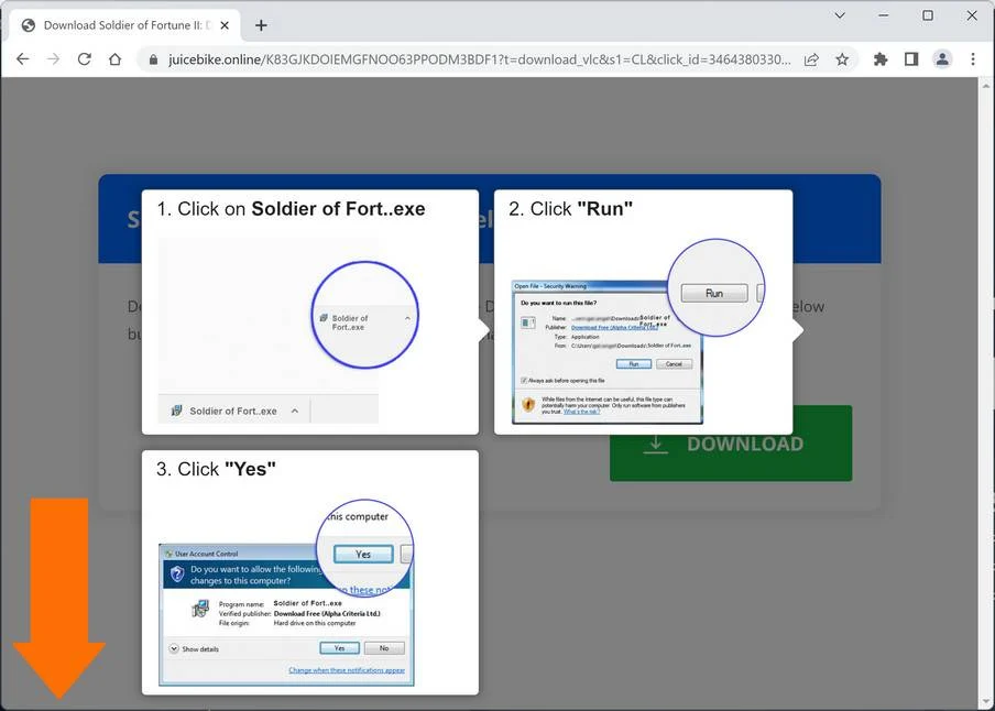 Image: Chrome browser is redirected to Juicebike.online