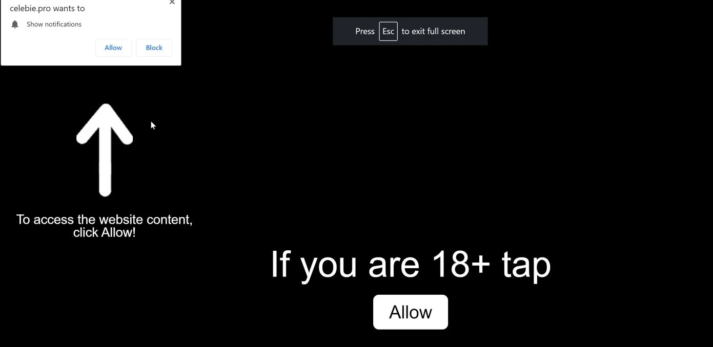 Image: Chrome browser is redirected to Celebie.pro