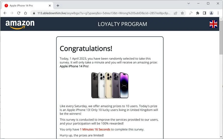 Screenshot of Abledownhim.live Fake Survey