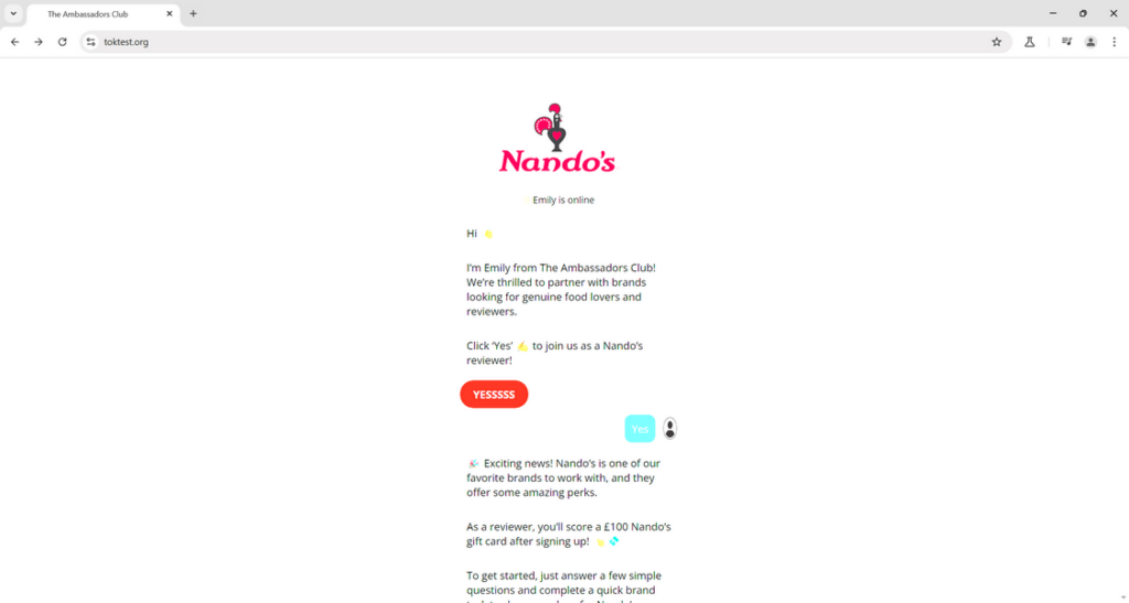 Don't Fall for the FAKE Nando's Reviewer Gift Card Scam 1 TokTest.org scam
