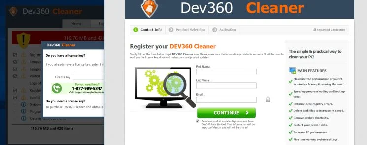 Dev360 Cleaner register page Dev360 Cleaner buy