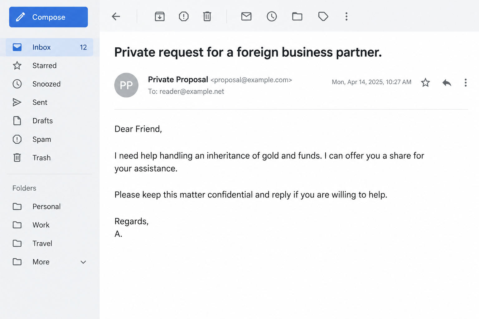 Fictional private proposal email offering an inheritance share to a foreign business partner and requesting secrecy