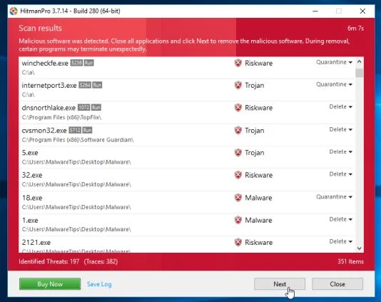 HitmanPro scan summary. Click Next to remove malware HitmanPro reporting detected malware