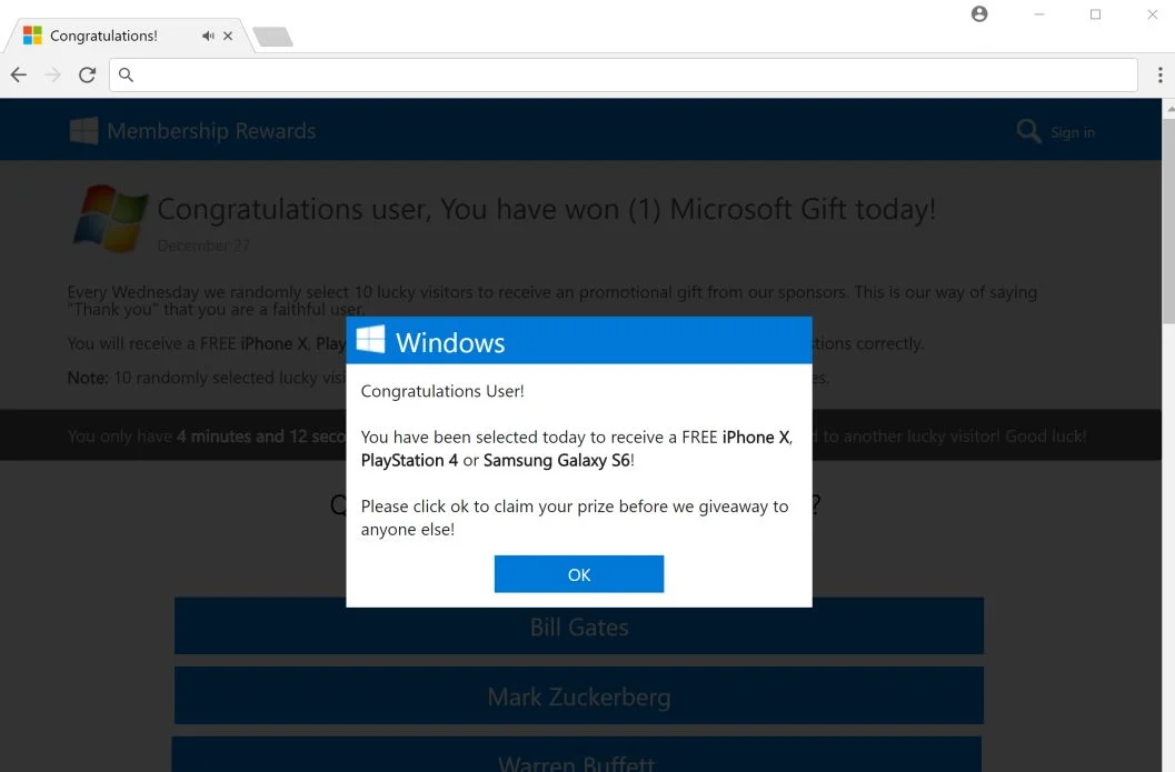 Remove "Congratulations User You have won" Pop-up Scam 1 Congratulations user, You have won scam