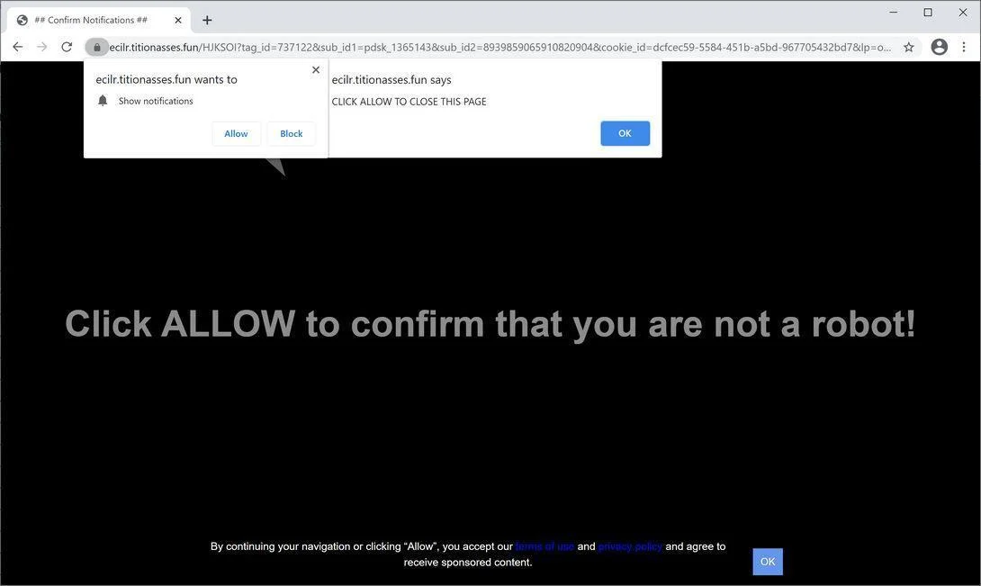 RemoveTitionasses.fun pop-up ads (Virus Removal Guide) 1 Image: Chrome browser is redirected to Titionasses.fun