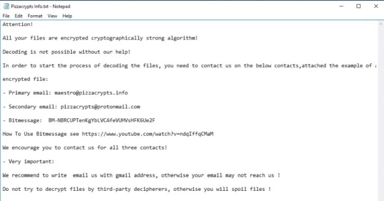 PizzaCrypts ransomware virus