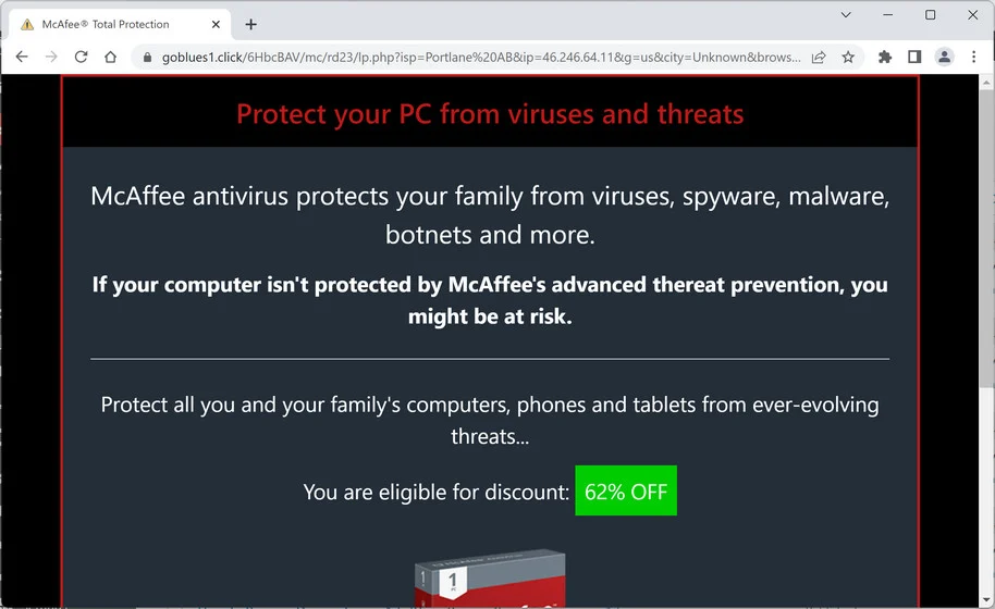 Image: Goblues1.click Fake McAfee Virus Alert