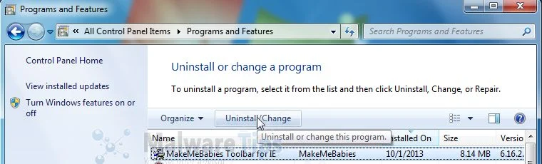 [Image: Uninstall MakeMeBabies Toolbar from Windows]