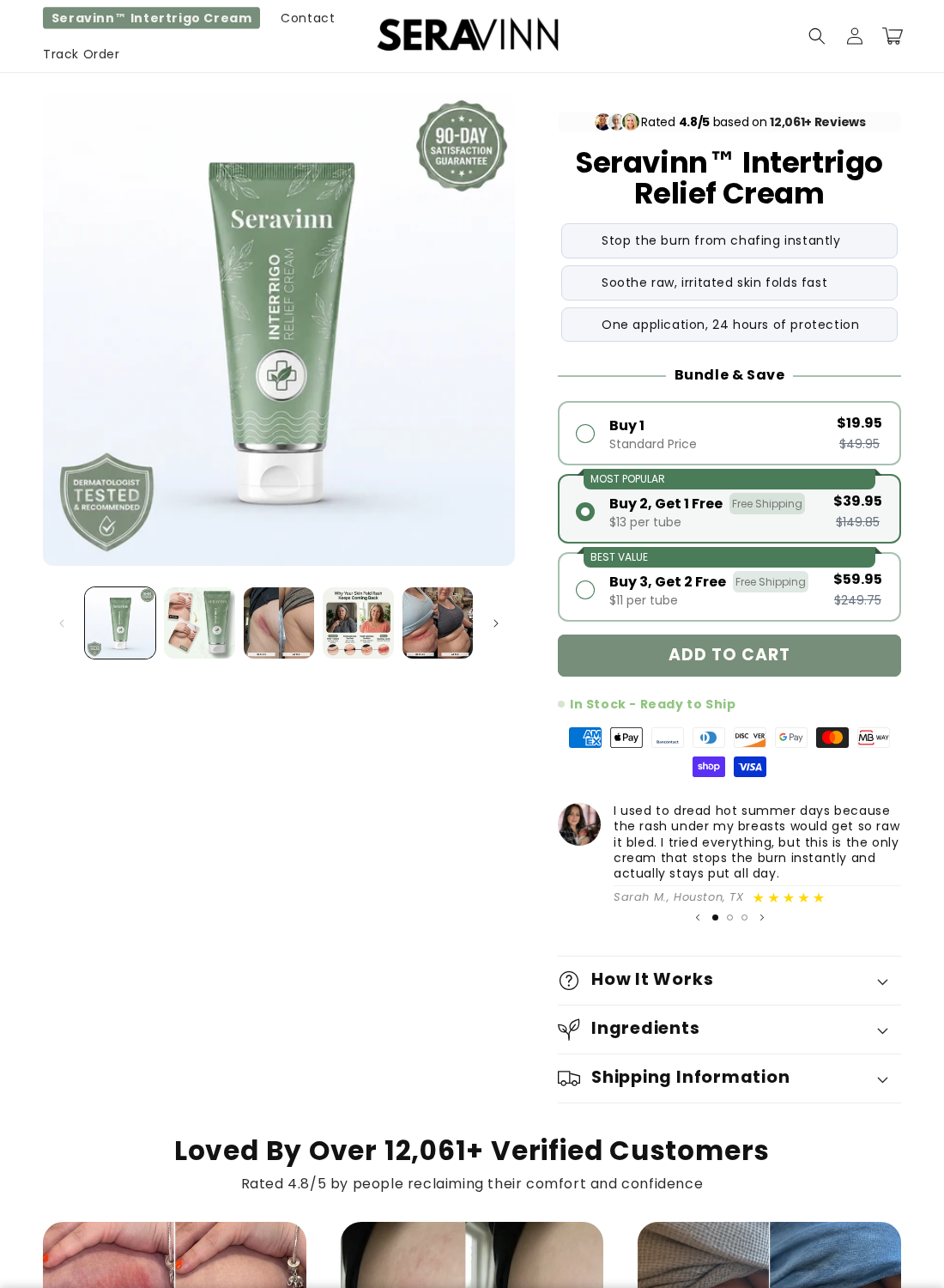 Seravinn Intertrigo Cream EXPOSED: Skin Claims and Conflicting Refunds 1 Seravinn Intertrigo Relief Cream product page promoting instant comfort and all-day protection