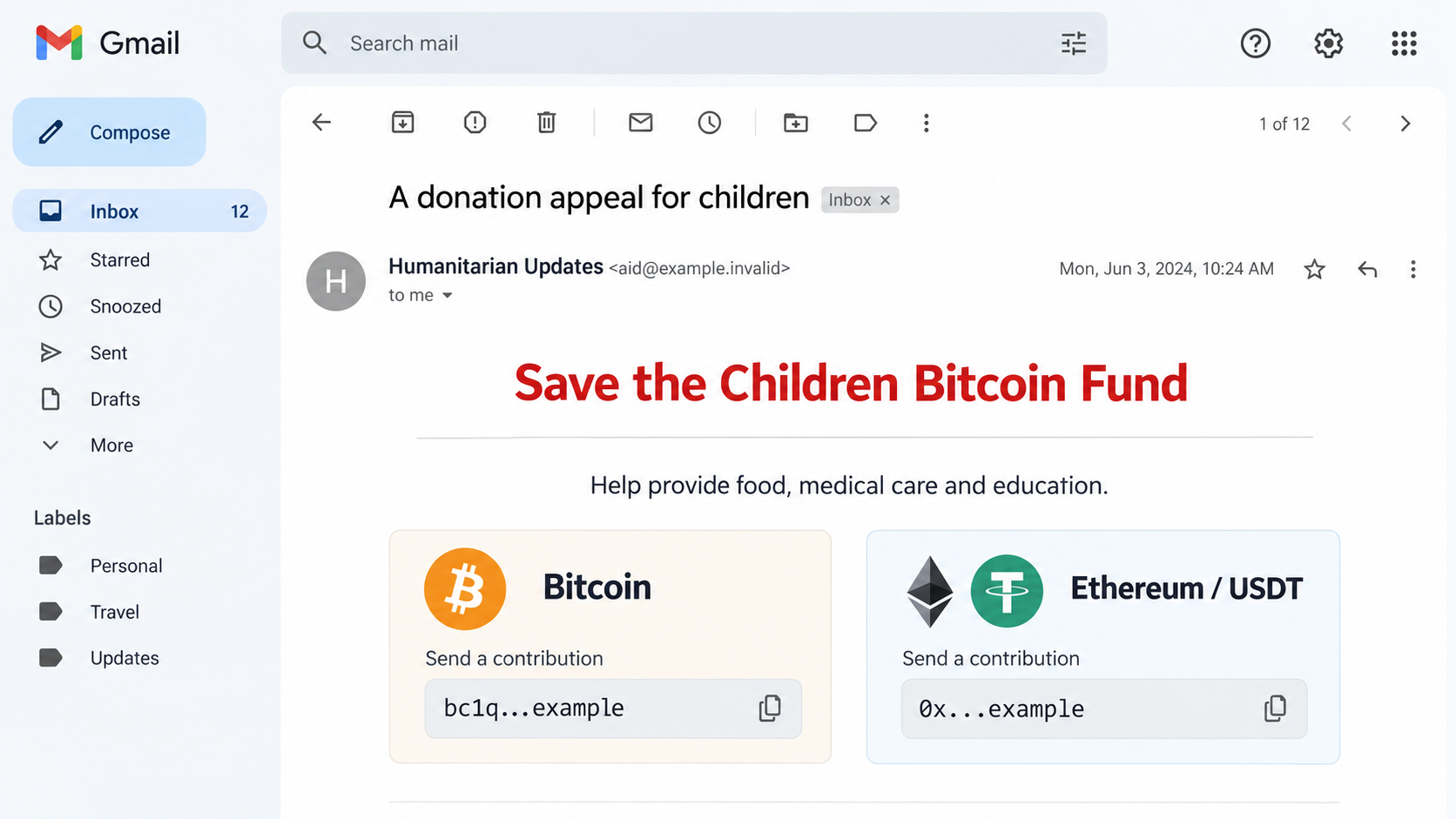 Illustrative Save the Children impersonation email displaying masked cryptocurrency donation addresses