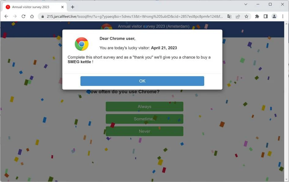 Screenshot of Jarcallfeet.live Fake Survey