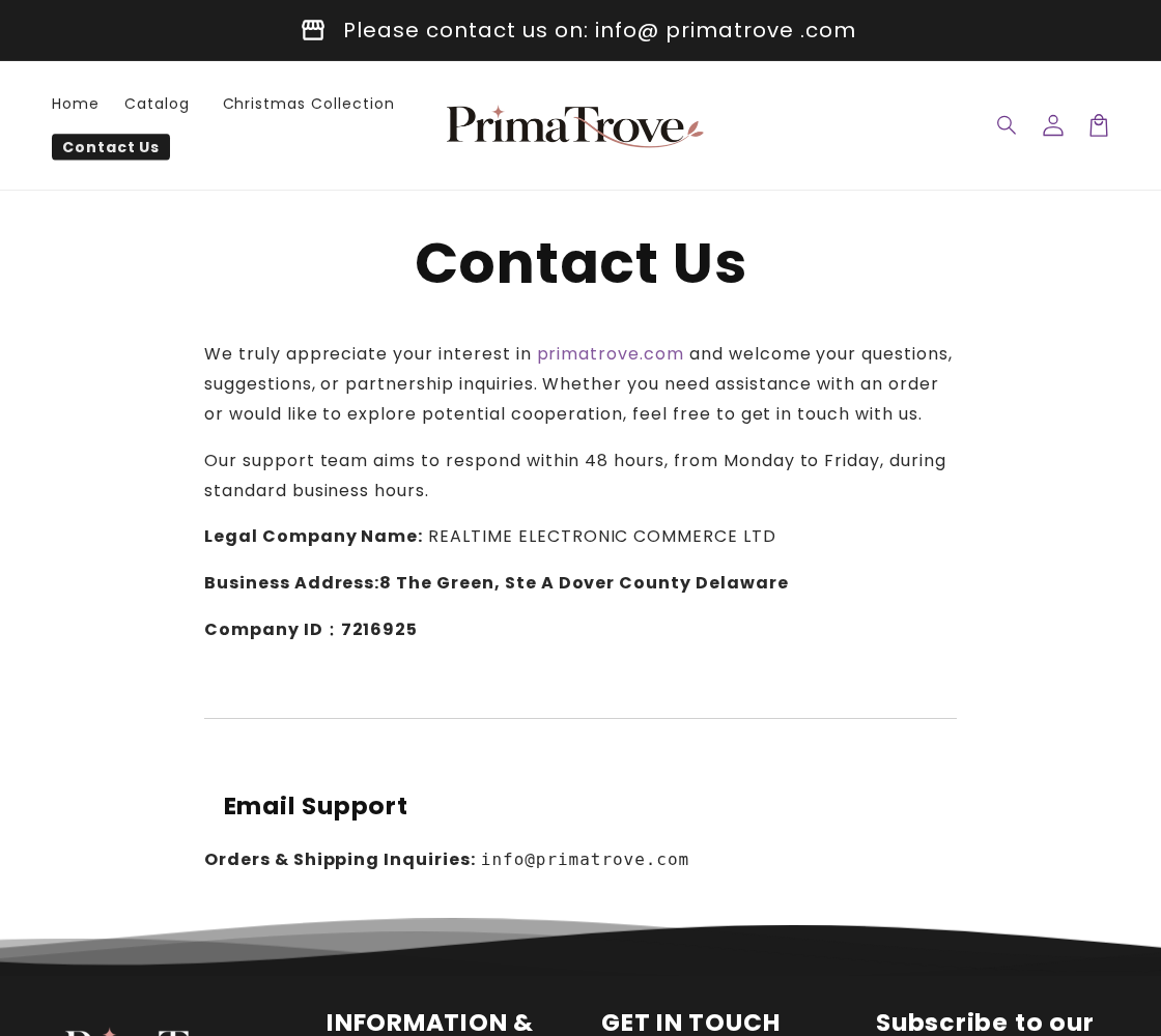 Primatrove EXPOSED: Handmade Claims, Conflicting Stats and Shipping Risks 2 Primatrove contact page displaying its claimed company name, Delaware address and company ID