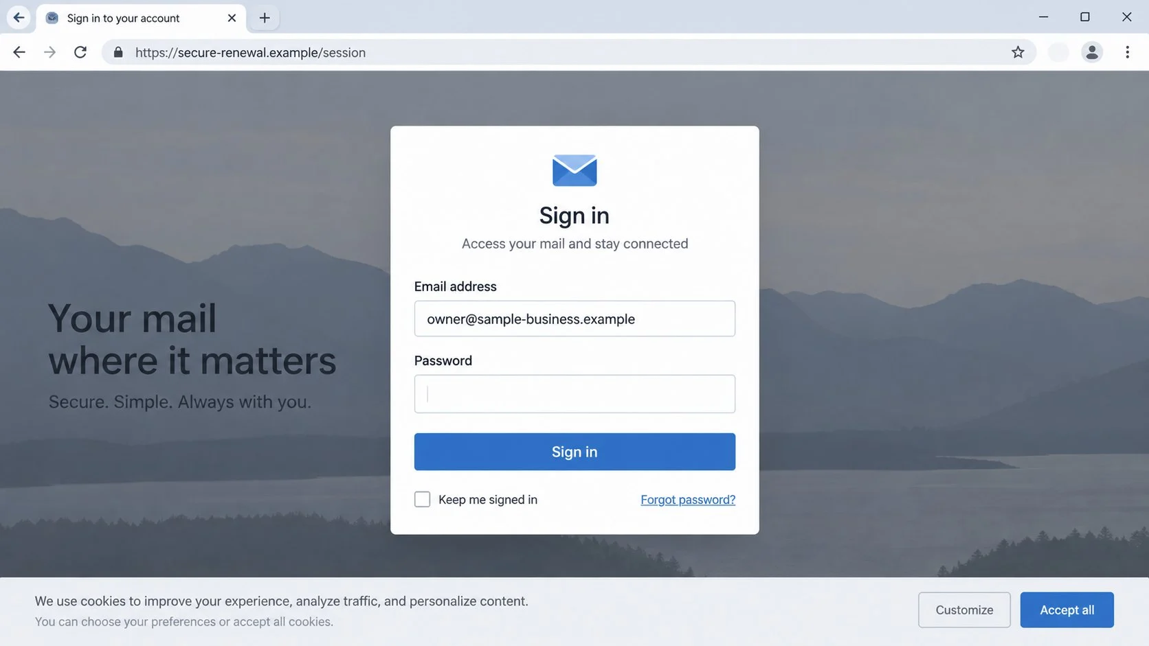 Domain Expired Email Scam: Fake Reactivation Login Page Fully Exposed Today 2 Illustrative fake mail login opened by a domain renewal link