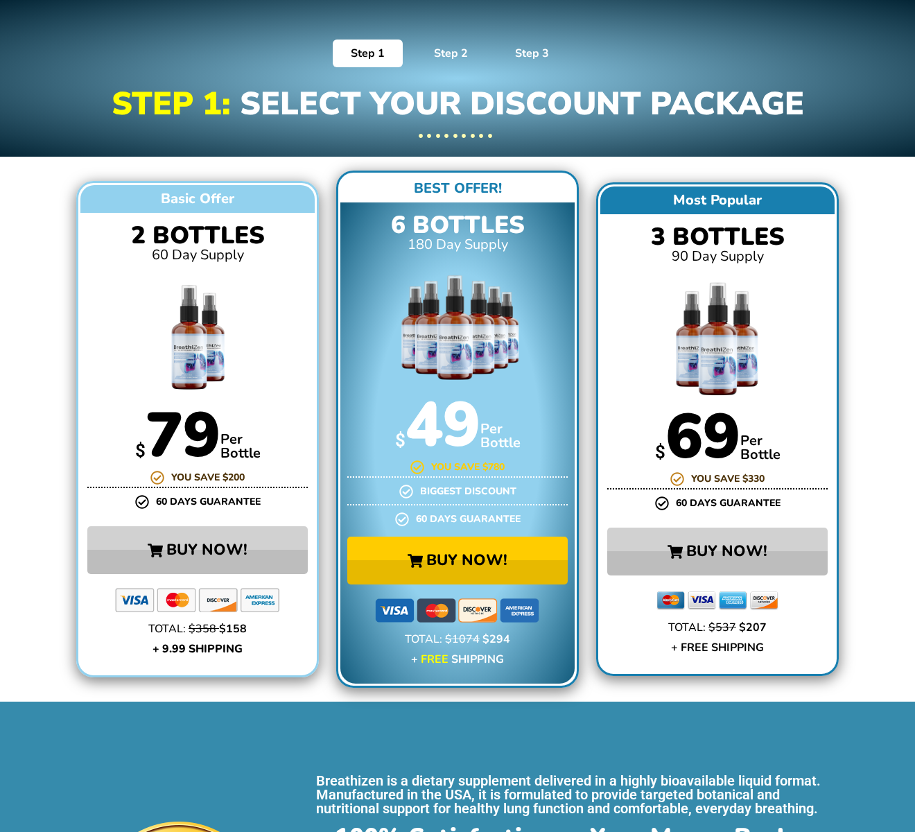 Breathizen redirected offer showing two, three, and six bottle packages with full prices