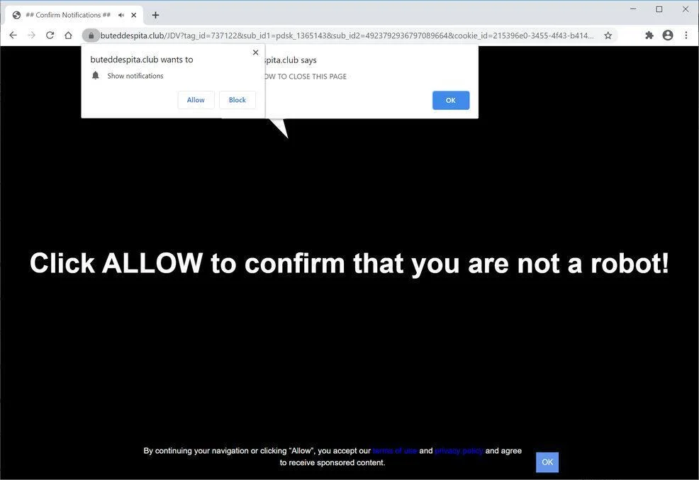 Remove Buteddespita.club pop-up ads (Virus Removal Guide) 1 Image: Chrome browser is redirected to Buteddespita.club