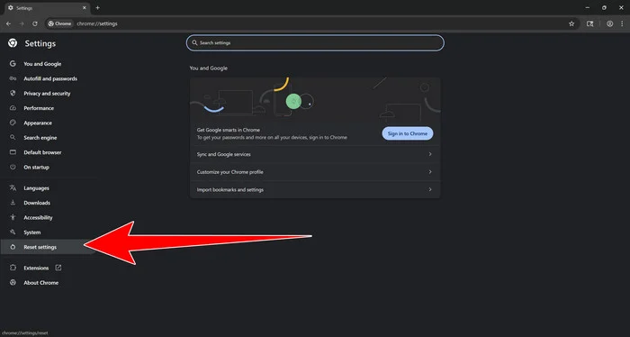 Click Reset settings in the Chrome sidebar