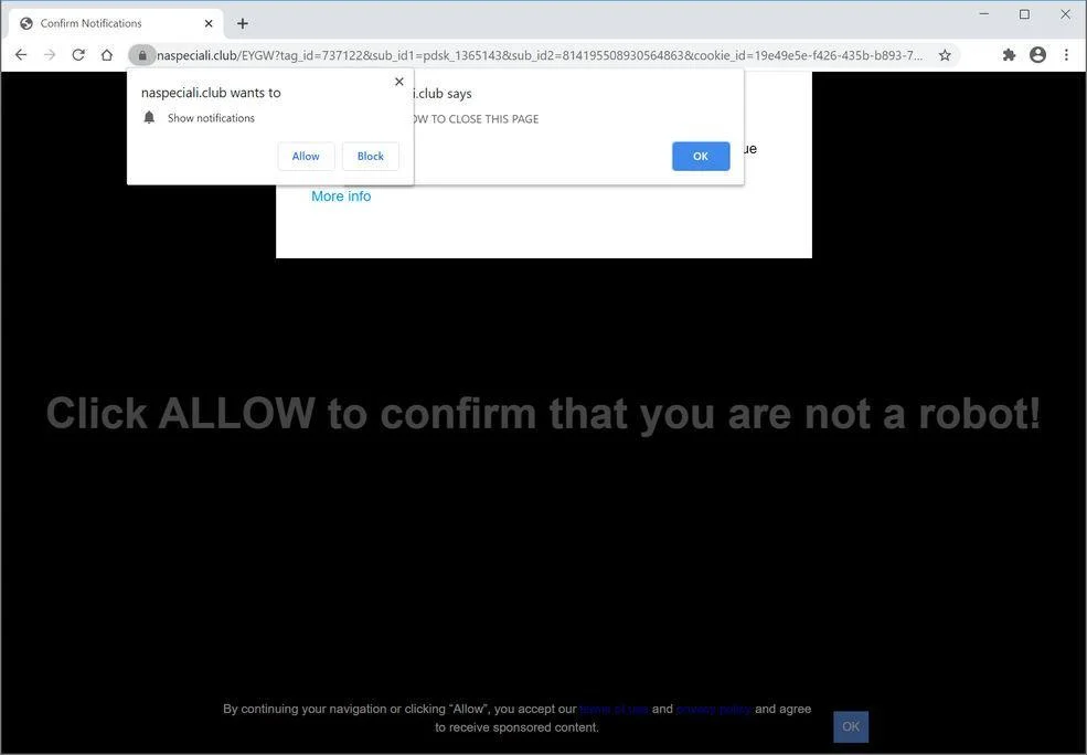 Remove Naspeciali.club pop-up ads (Virus Removal Guide) 1 Image: Chrome browser is redirected to Naspeciali.club