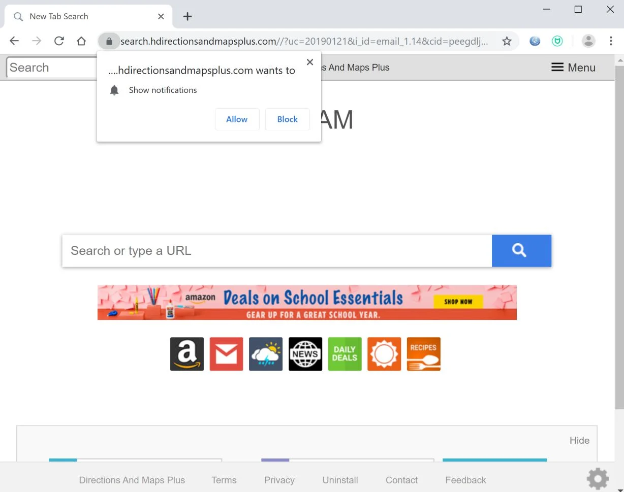 Image: Chrome browser is redirected to search.hdirectionsandmapsplus.com