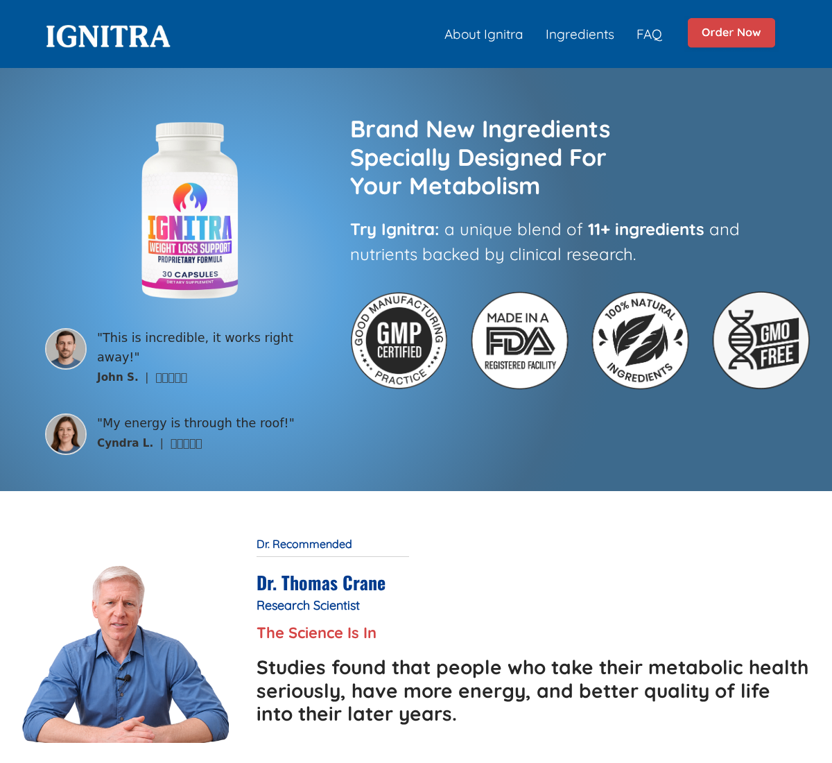 Current Ignitra page showing a metabolism supplement, manufacturing badges and a named spokesperson