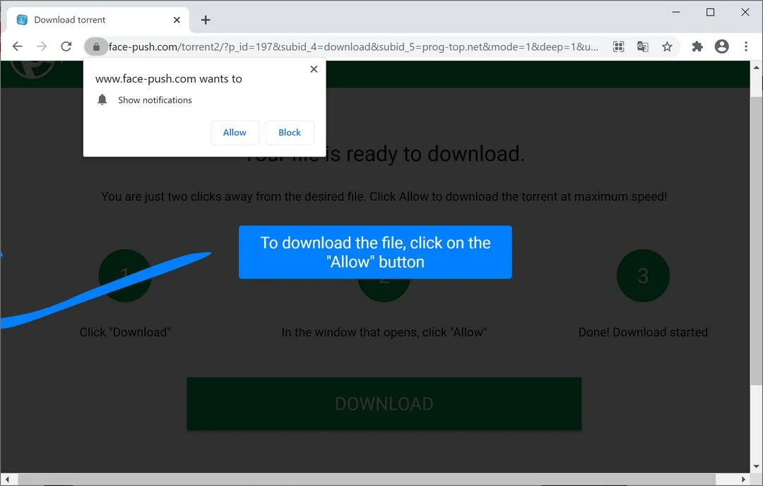 Remove Face-push.com pop-up ads (Virus Removal Guide) 1 Image: Chrome browser is redirected to Face-push.com