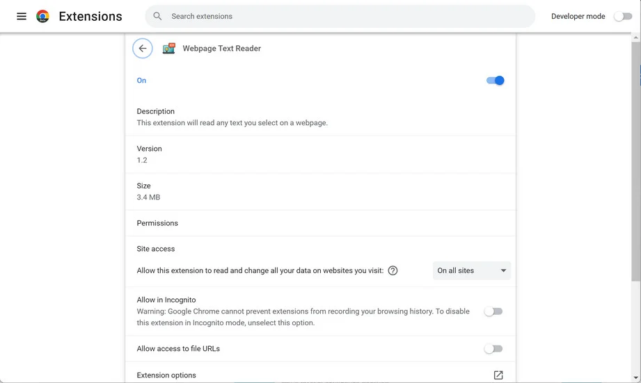 Image: Webpage Text Reader Chrome extension