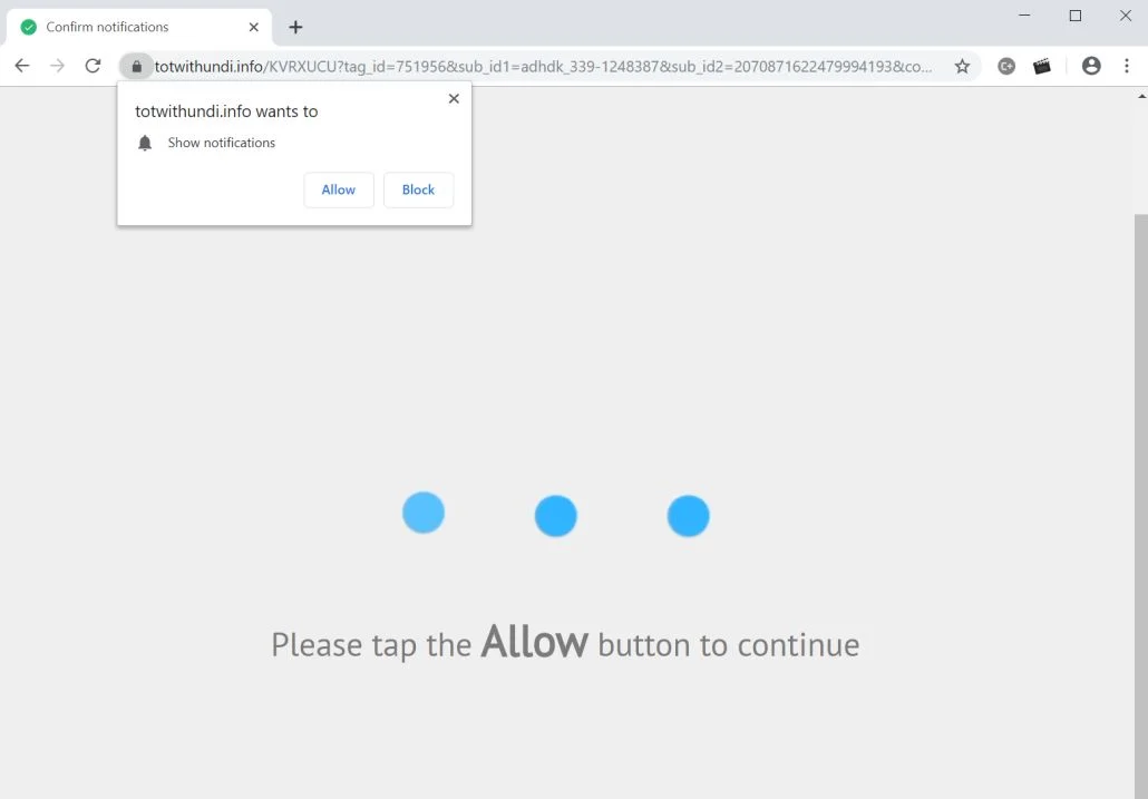Image: Chrome browser is redirected to the Totwithundi.info site