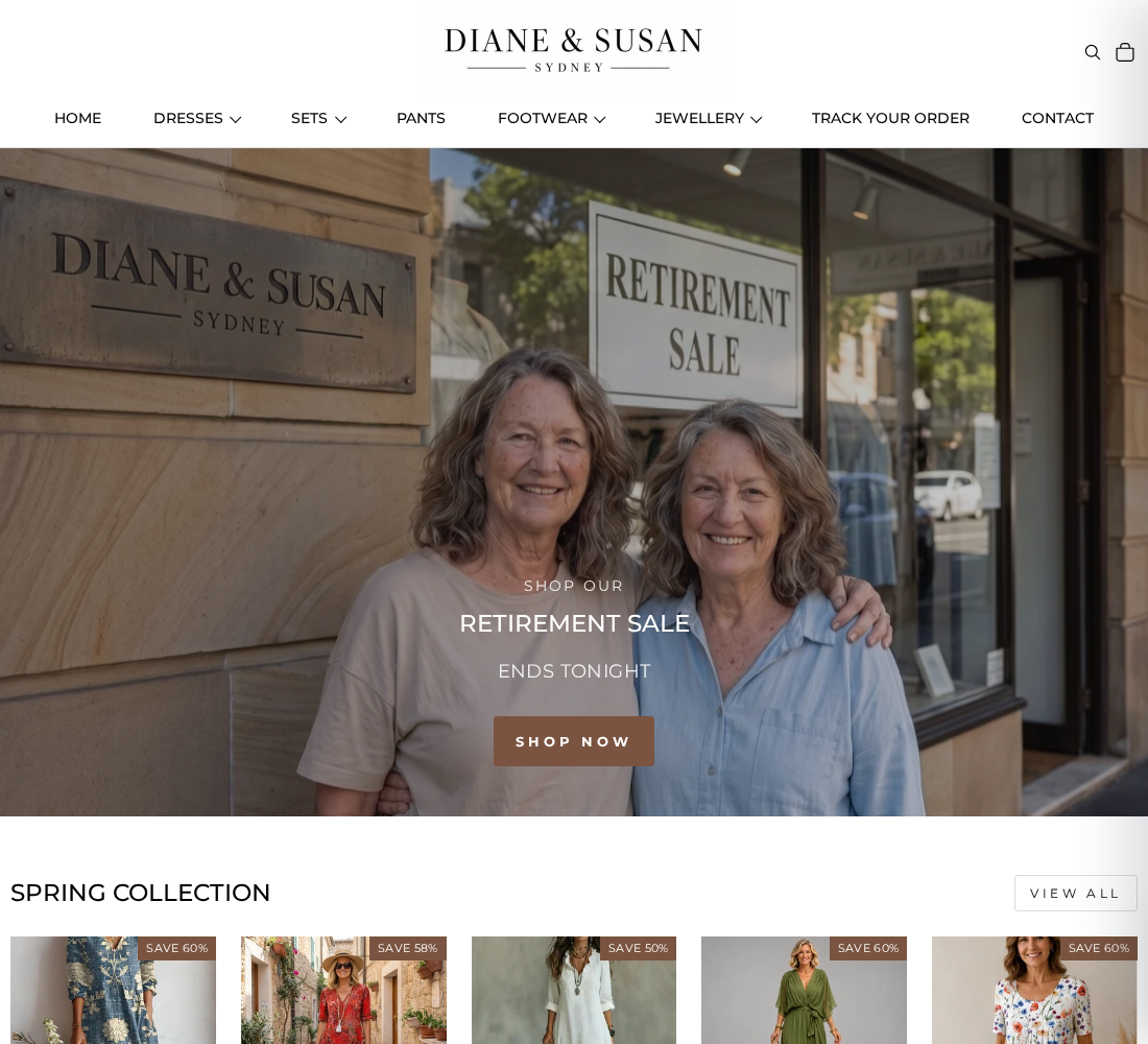Diane and Susan storefront promoting a Sydney boutique retirement sale ending tonight