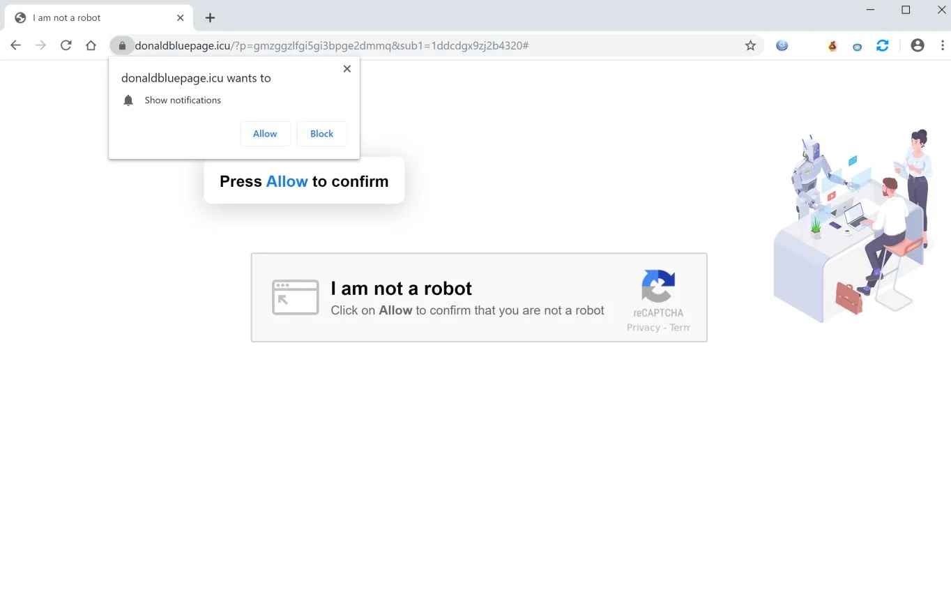 How to remove Donaldbluepage.icu pop-up ads (Virus Removal Guide) 1 Image: Chrome browser is redirected to Donaldbluepage.icu