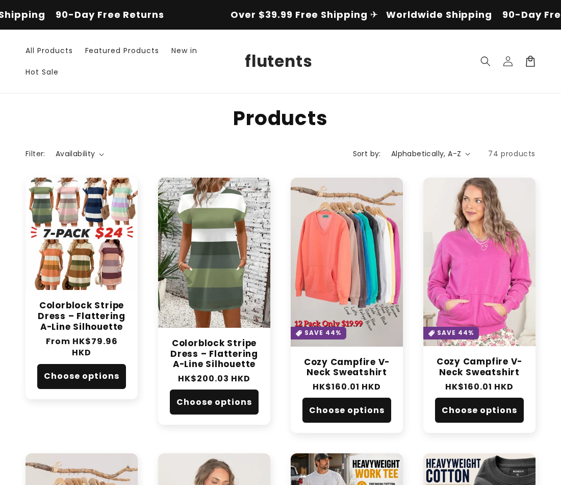 Flutents catalog showing clothing bundles and the 90-day free-returns banner